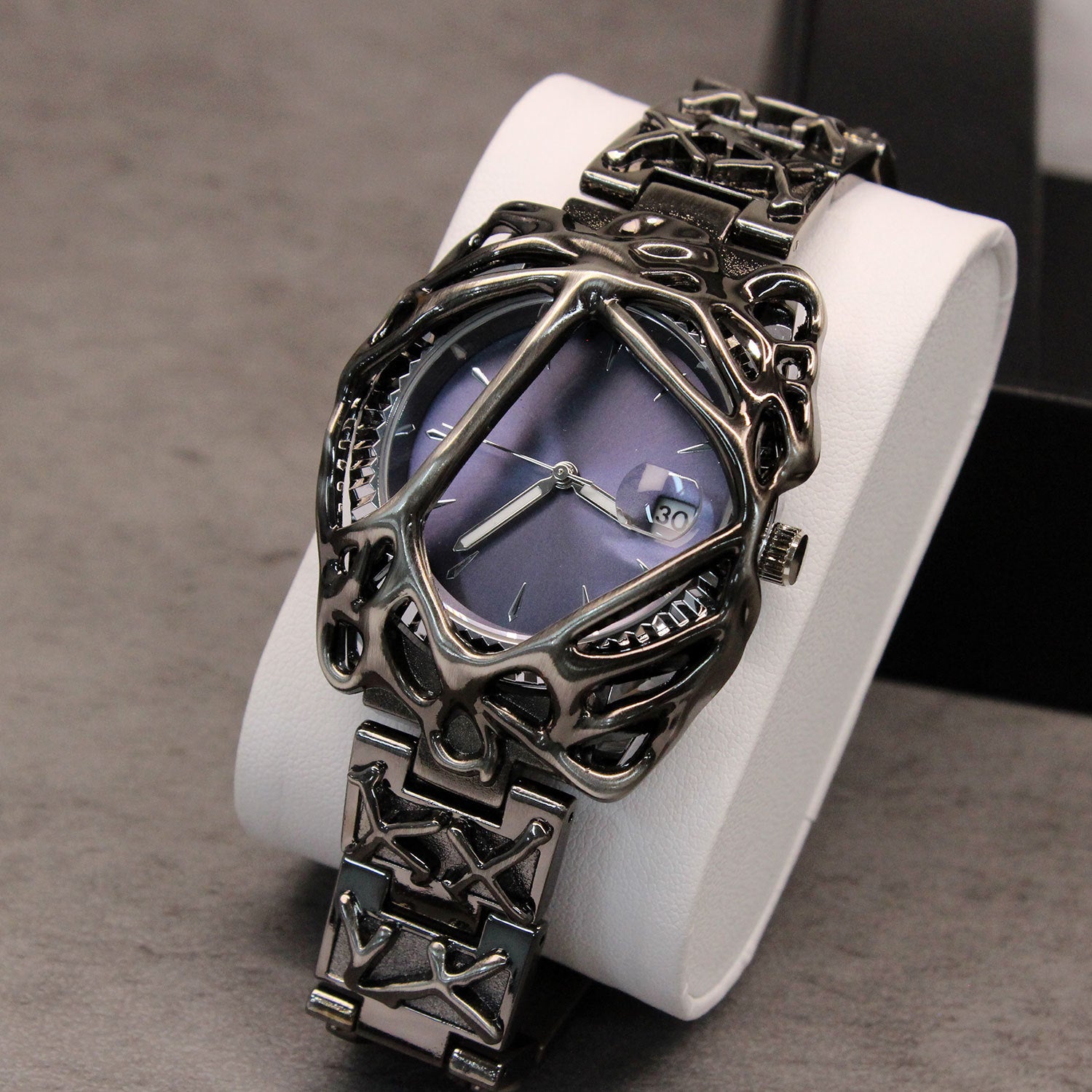 Avant-Garde Black Sculpted Web Watch for Men | Red Gradient Dial Dark Art Luxury Quartz Timepiece