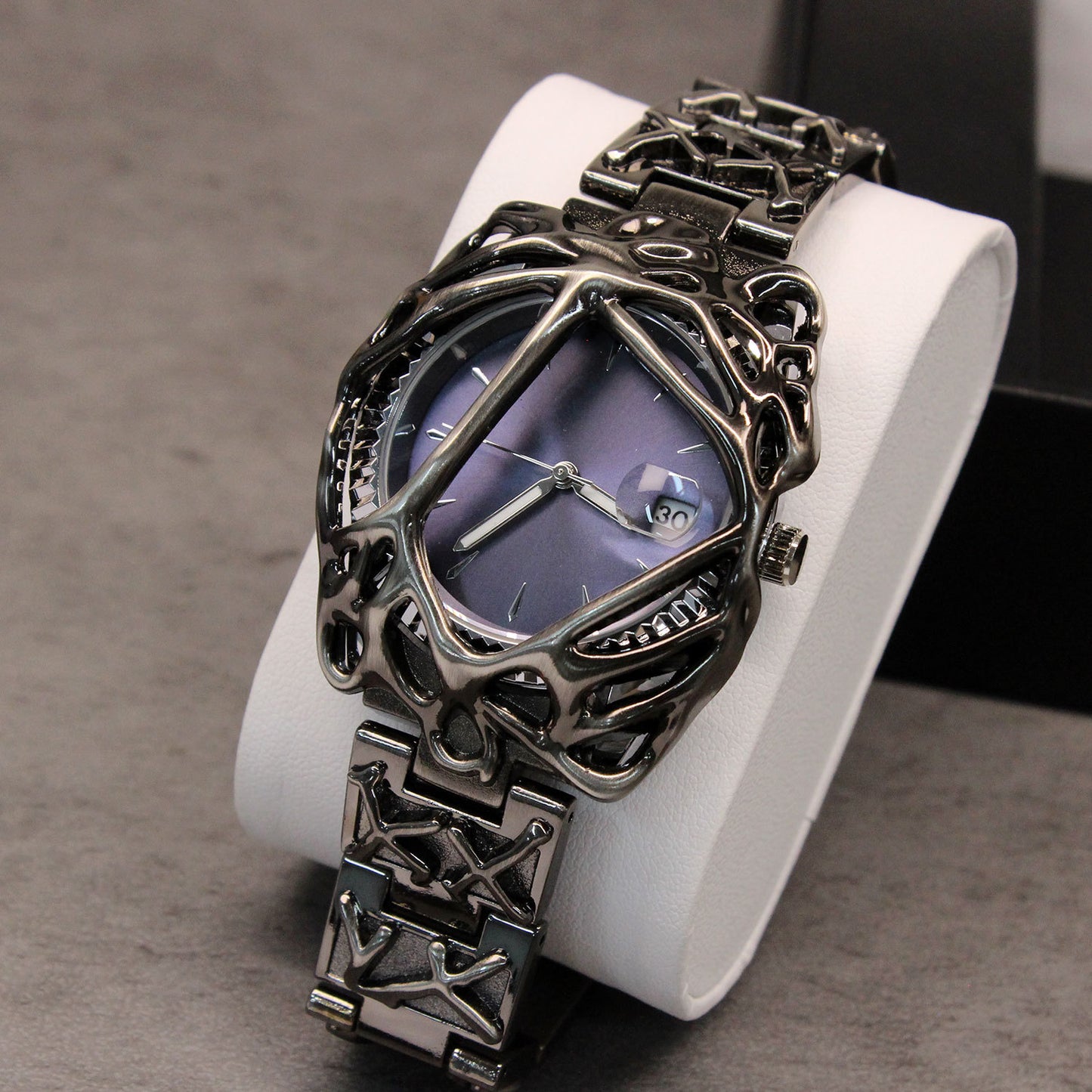 Avant-Garde Black Sculpted Web Watch for Men | Red Gradient Dial Dark Art Luxury Quartz Timepiece