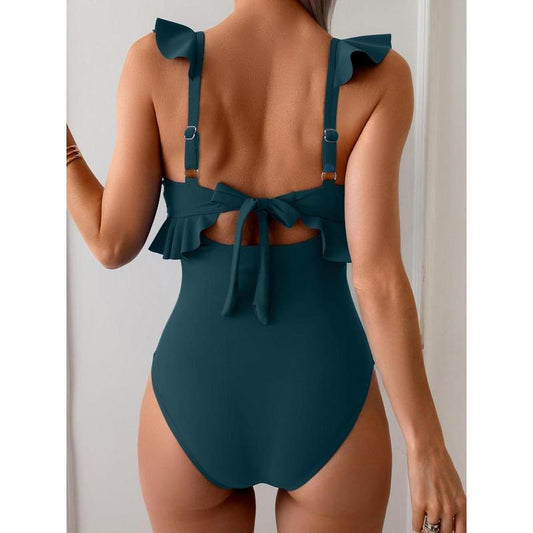 Teal Ruffle V-Neck Tie Front Cutout One Piece Swimsuit | High Waist Ruched Monokini | Women's Elegant Swimwear