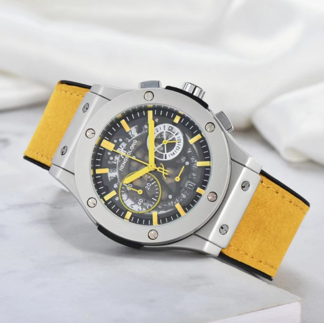 Hengbolong Skeleton Chronograph Men's Watch | Silver Screw Bezel Sky Blue Suede Strap Hollow Dial Date Watch