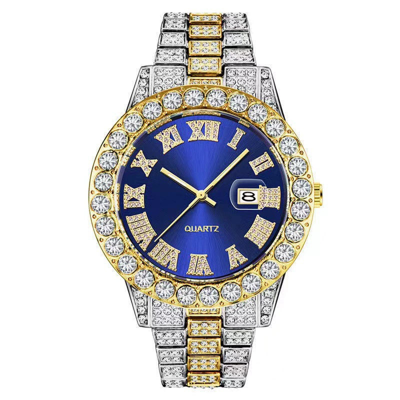Iced Out Silver Watch | Green Sunburst Dial Diamond Roman Numerals | Full Crystal Bezel & Bracelet Mens Hip Hop Quartz Watch