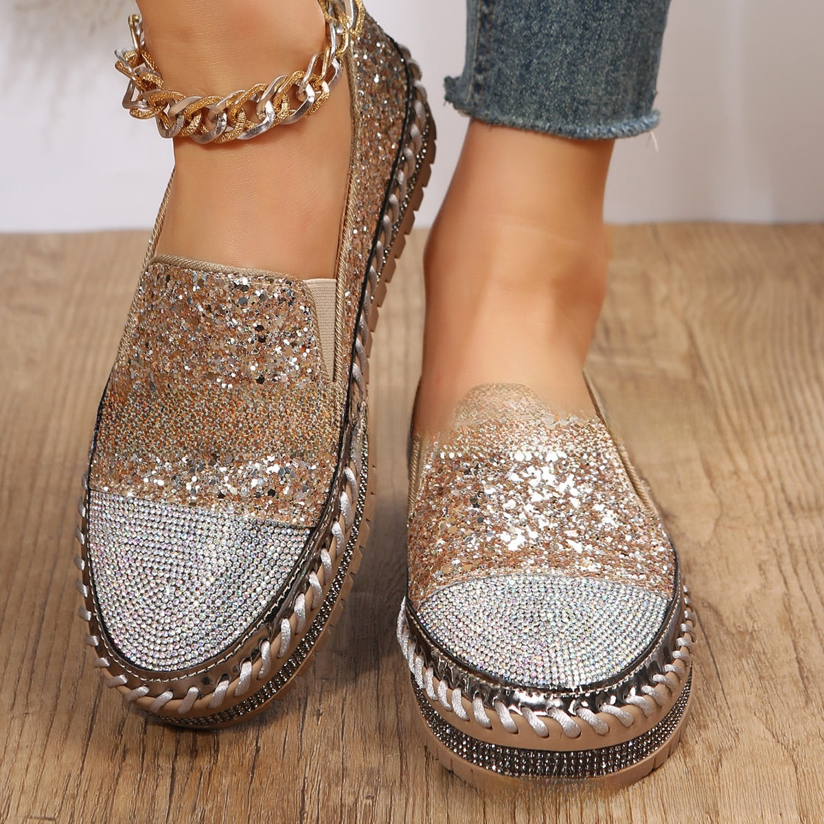 Rose Gold Glitter Rhinestone Platform Slip-On Sneakers for Women | Sequin Sparkle Flatform Loafer Shoes | Crystal Embellished Chunky Sole Casual Shoes | Glamorous Everyday Sneakers