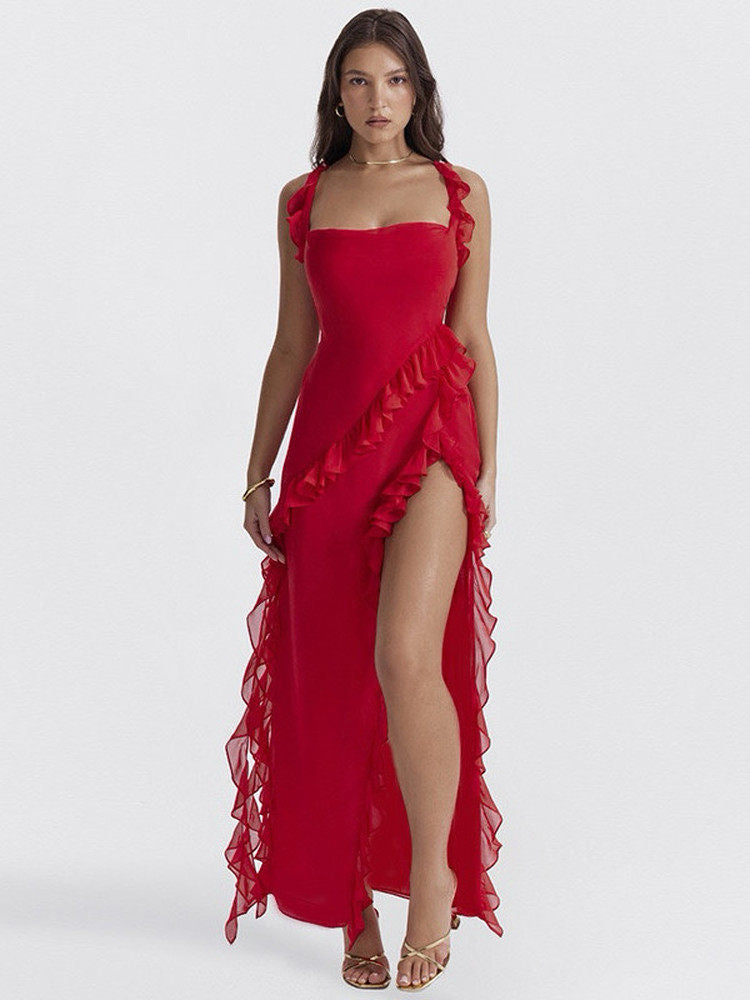 Women's Red Ruffle Asymmetric Maxi Dress | Spaghetti Strap High Slit Flowy Party Dress