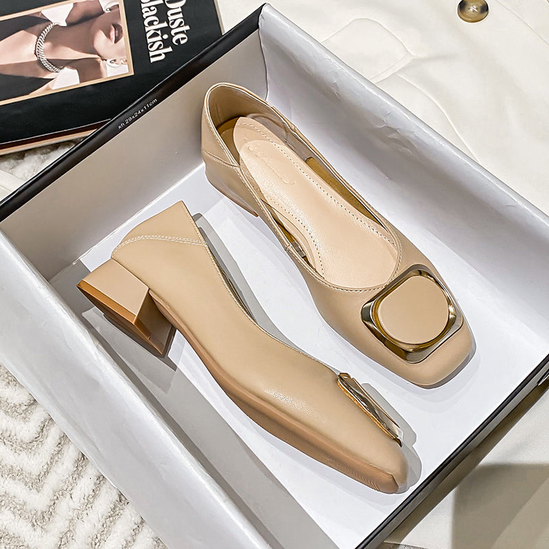 Cream Square Toe Gold Metal Buckle Pumps Women Slip On Mid Heel Elegant Office Party Dress Shoes