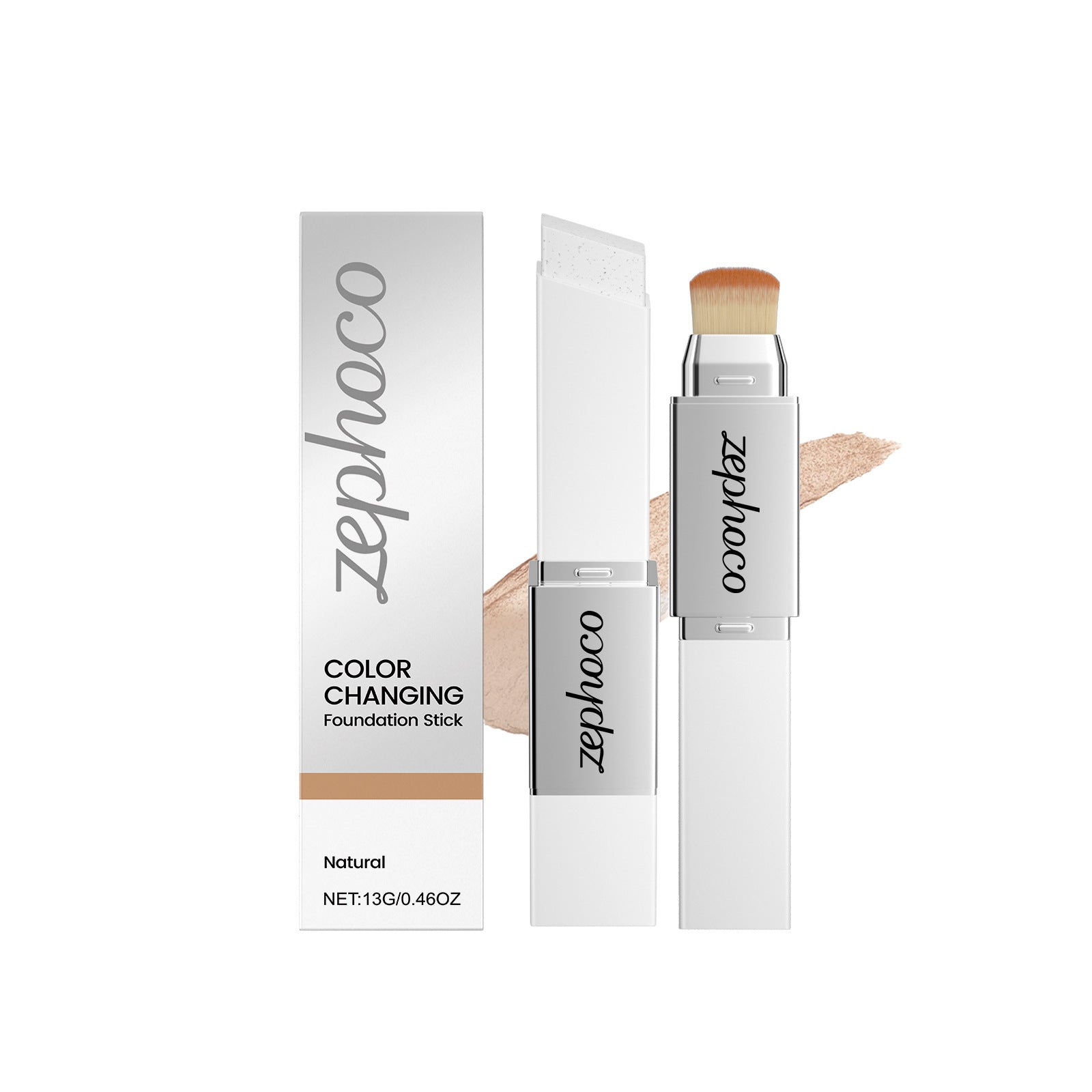 Zephoco Color Changing Foundation Stick Natural Shade | 13g Skin Tone Adaptive Foundation Stick with Built-In Brush | Full Coverage Seamless Complexion Makeup for Medium Natural Skin Tones | All Skin Types