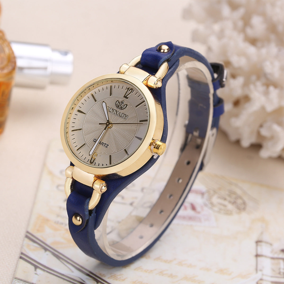 Brown Leather Wrap Watch Women | Gold Case Guilloche Dial | Thin Strap Stud Detail | Boho Vintage Quartz Dress Watch
