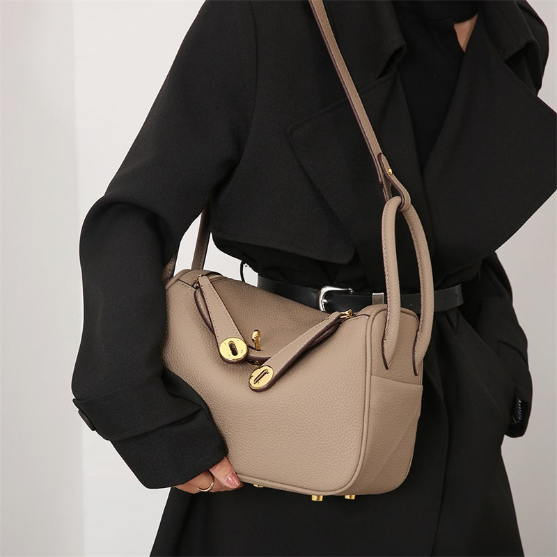 Taupe Leather Crossbody Bag with Flap Closure & Gold Hardware | Small Messenger Bag