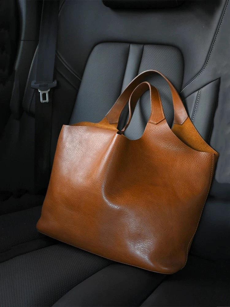 Cognac Brown Leather Tote Bag - Soft Slouchy Hobo with Knotted Handles | Minimalist Everyday Shoulder Bag