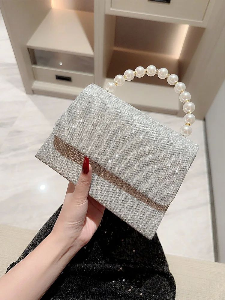 Silver Crystal Rhinestone Evening Clutch Bag with Pearl Handle - Women's Sparkly Wedding Party Purse - Elegant Formal Handbag for Prom, Bridal, Cocktail Events