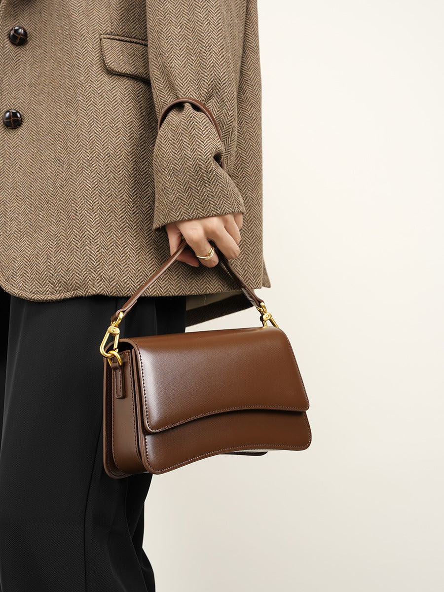 Genuine Leather Cognac Brown Leather Crossbody Bag | Structured Flap Shoulder Bag Women