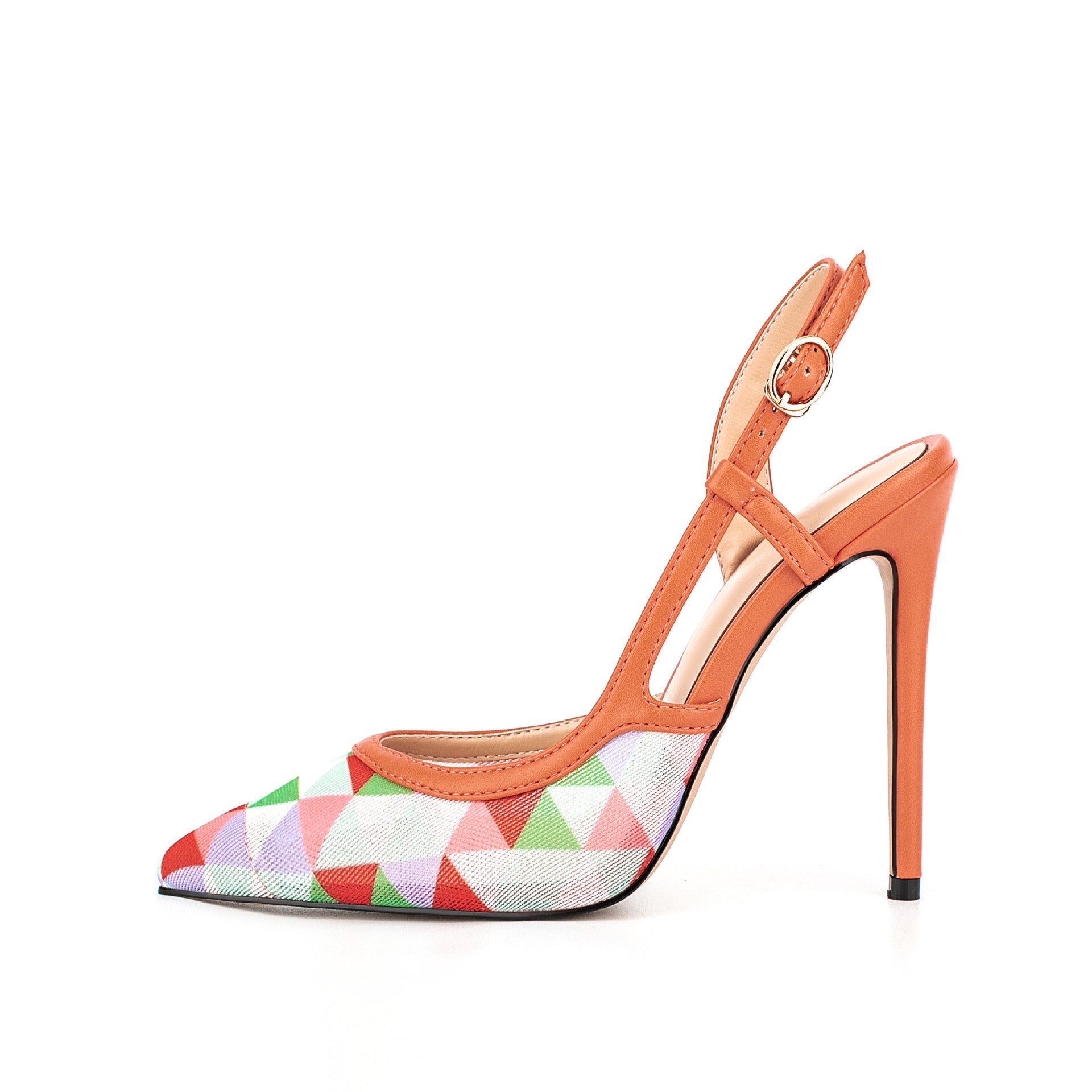 Hot Pink Geometric Print Pointed Toe Slingback Stiletto Heels | Women's Colorful T-Strap High Heel Pumps