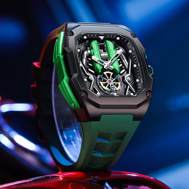 LILUOKE Men's Engine Skeleton Tourbillon Watch | Orange Black Supercar Inspired | Mechanical Turbine Dial | Date Window | Luxury Sport Racing Watch | UAE