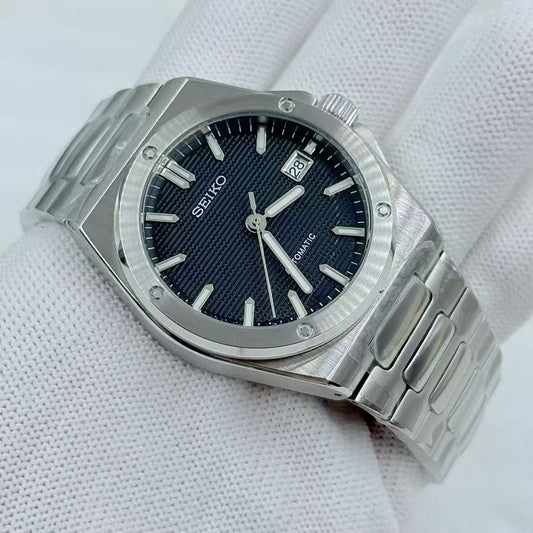 Seiko Automatic Watch Men | Arabic Numeral Blue Tapisserie Dial | Octagon Screw Bezel | Silver Steel Royal Oak Style Watch