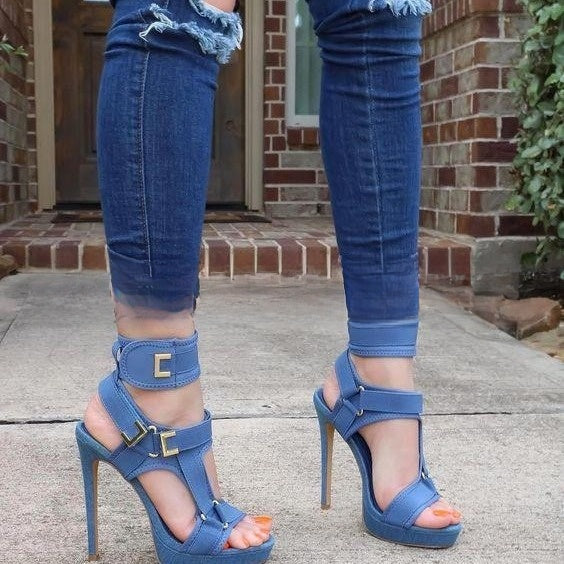 Black Suede Gold Hardware Cutout T-Bar Stiletto Sandals | Women's Gladiator High Heel Open Toe Shoes