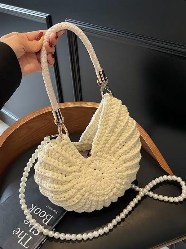 White Crochet Shell Bag | Pearl Chain Strap Handbag Woven Shoulder Purse for Women