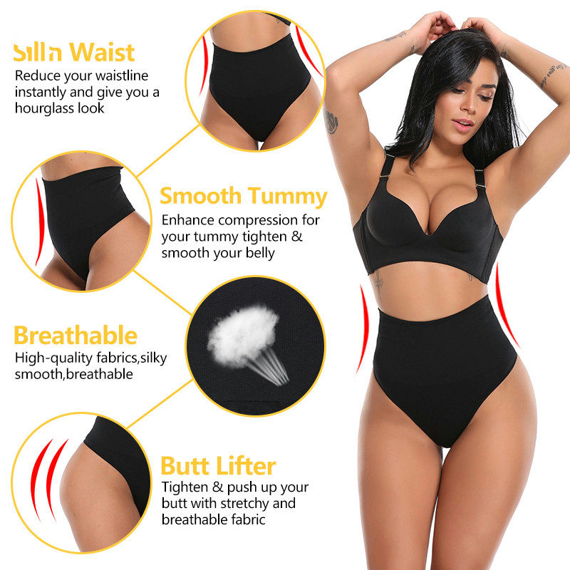 High Waist Tummy Control Thong Shapewear for Women - Seamless Slimming Waist Trainer Thong Panty Body Shaper