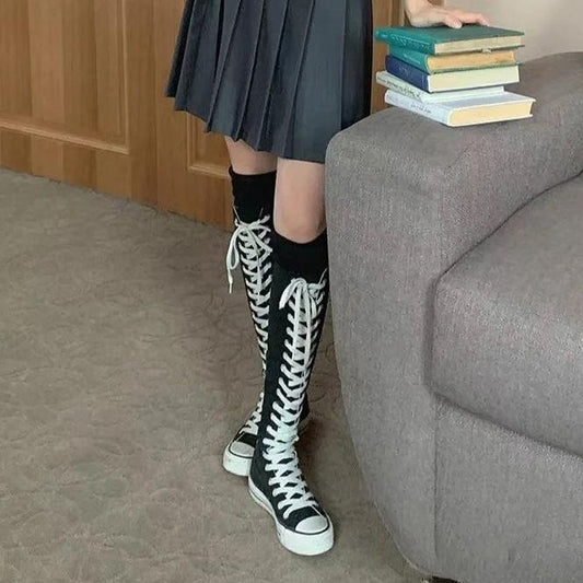 White Knee High Canvas Lace Up Boots | Tall Sneaker Boots with Side Zipper | Women's Punk Streetwear High Top Shoes | EMO Rock Style Footwear