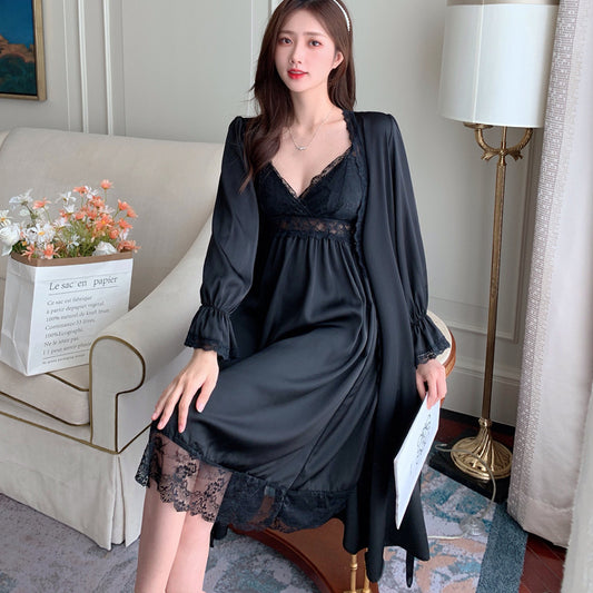 Women's Black Satin Lace Trim Nightgown and Robe Set Sexy 2 Piece V Neck Slip Dress with Long Sleeve Dressing Gown Sleepwear