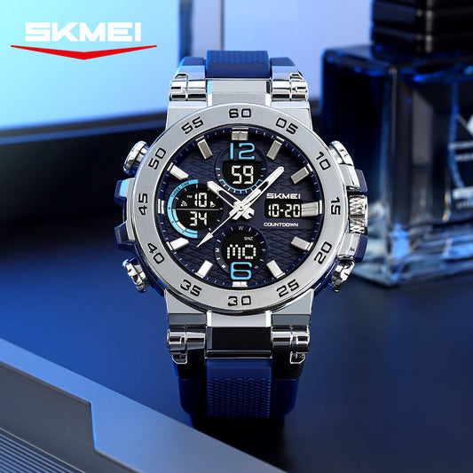 SKMEI Dual Display Men's Sports Watch | Ana-Digi Countdown Timer Day Date Blue Silicone Strap Military Watch