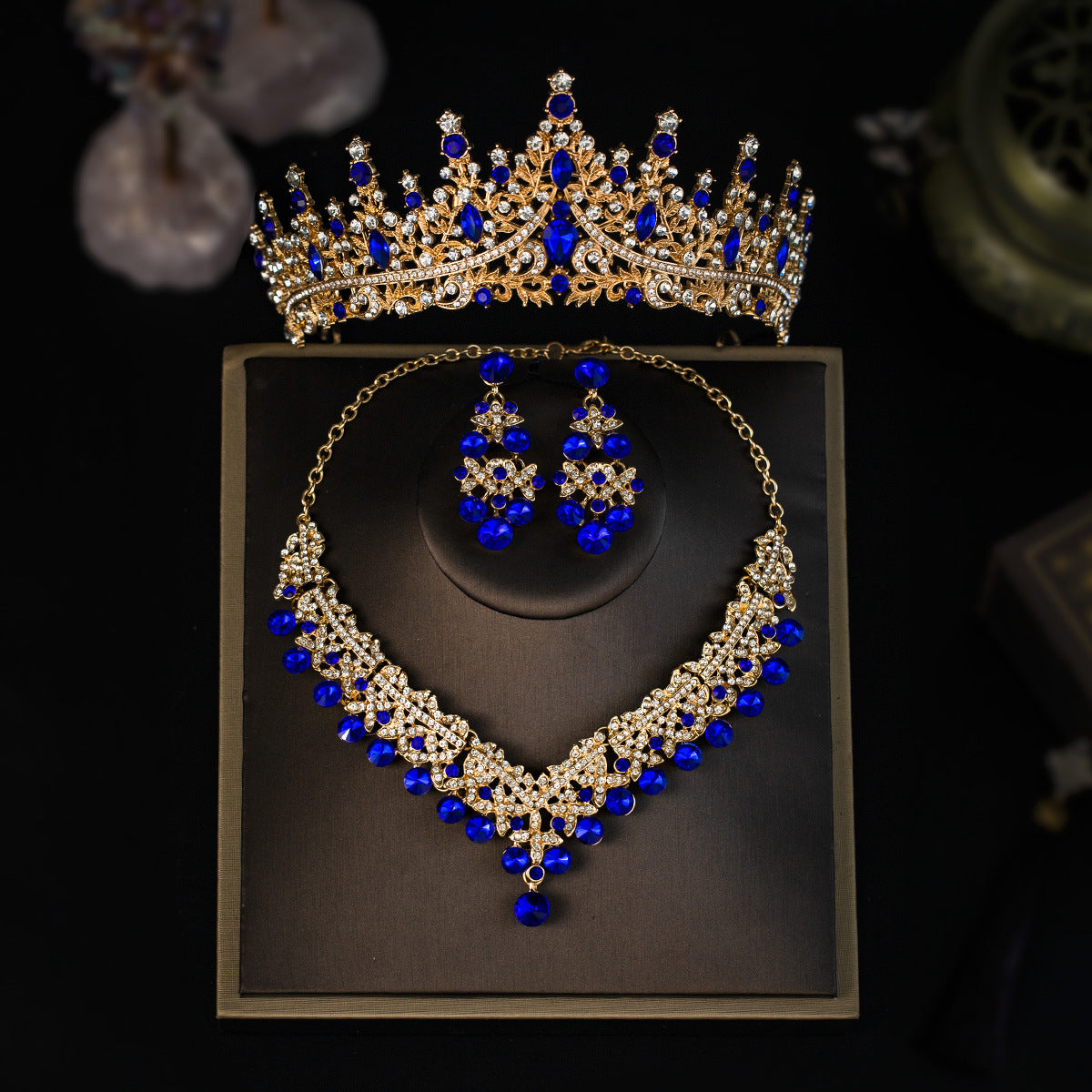 3 Piece Red Crystal Bridal Jewelry Set | Gold Crown Tiara Necklace & Earrings | Queen Wedding Pageant Party Jewelry Set