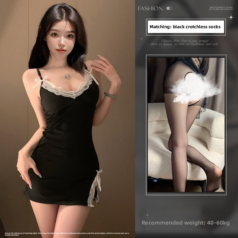 Women's Red Satin White Lace Trim Mini Nightgown Sexy Open Bust Side Bow Ribbon Sleepwear Chemise Lingerie Dress