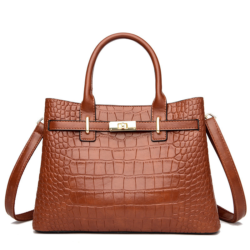 Black Crocodile Embossed Leather Tote Bag Gold Turn Lock Top Handle Crossbody Strap | Women Luxury Birkin Style Structured Handbag Office Shoulder Purse