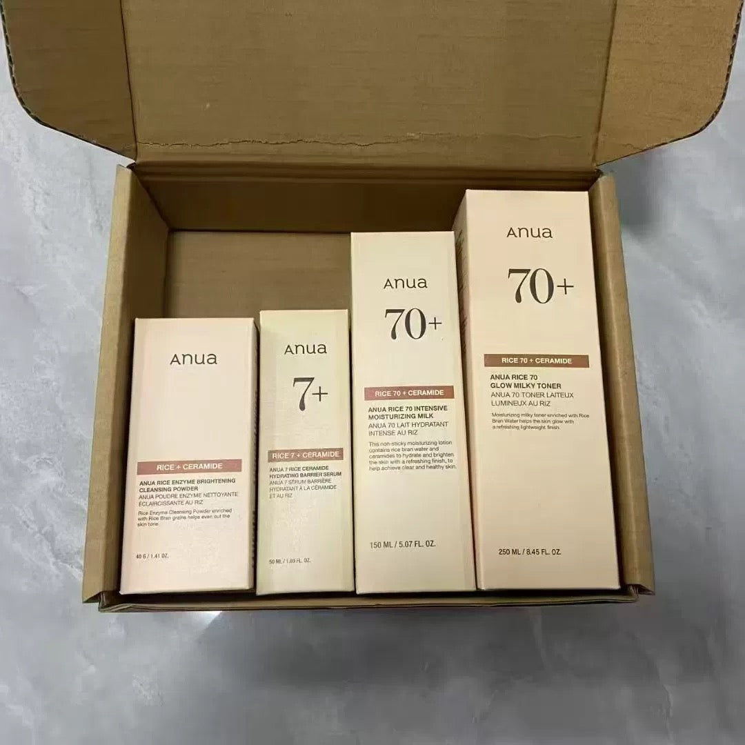 Anua Rice + Ceramide Skincare Set | Cleansing Powder, Barrier Serum, Moisturizing Milk & Glow Toner | K-Beauty Bundle
