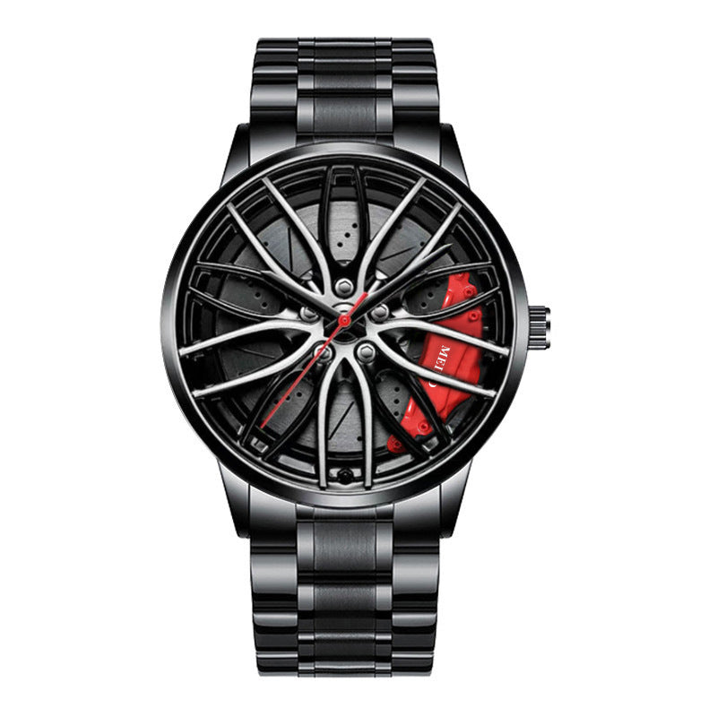 MEIBO Spinning Rim Watch Men | 3D Black Wheel Dial Red Brake Caliper | All Black Steel Bracelet | Car Enthusiast Racing Watch