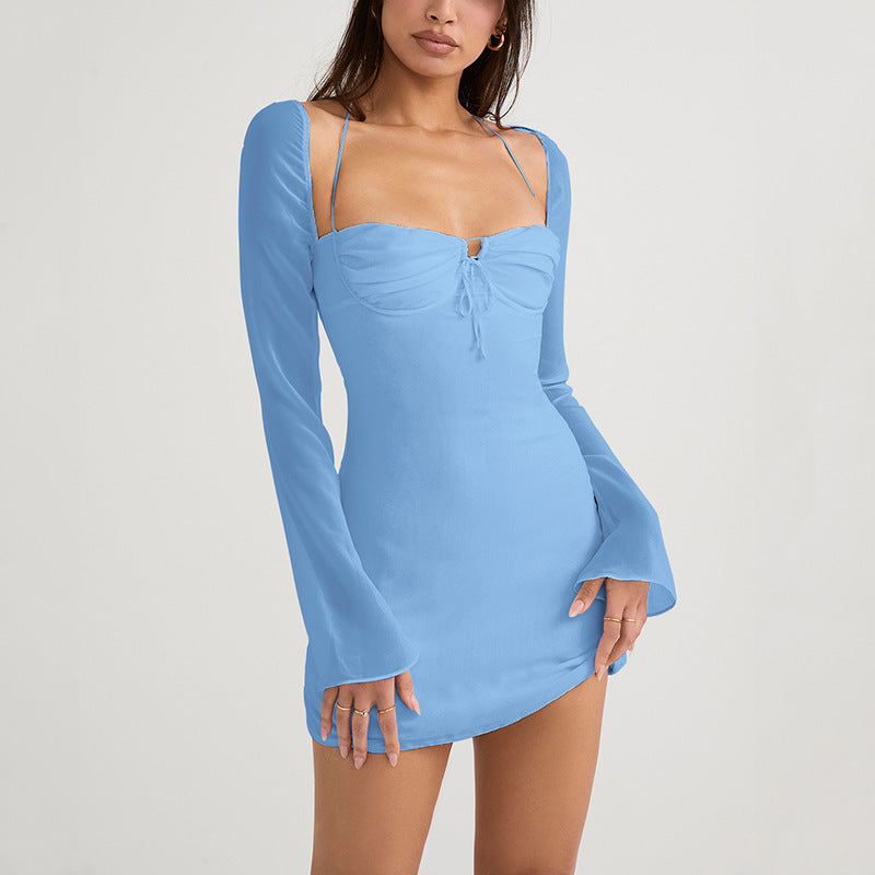White Mesh Long Sleeve Ruched Bust Mini Dress | Women's Tie Front Bodycon Party Dress with Flare Cuffs