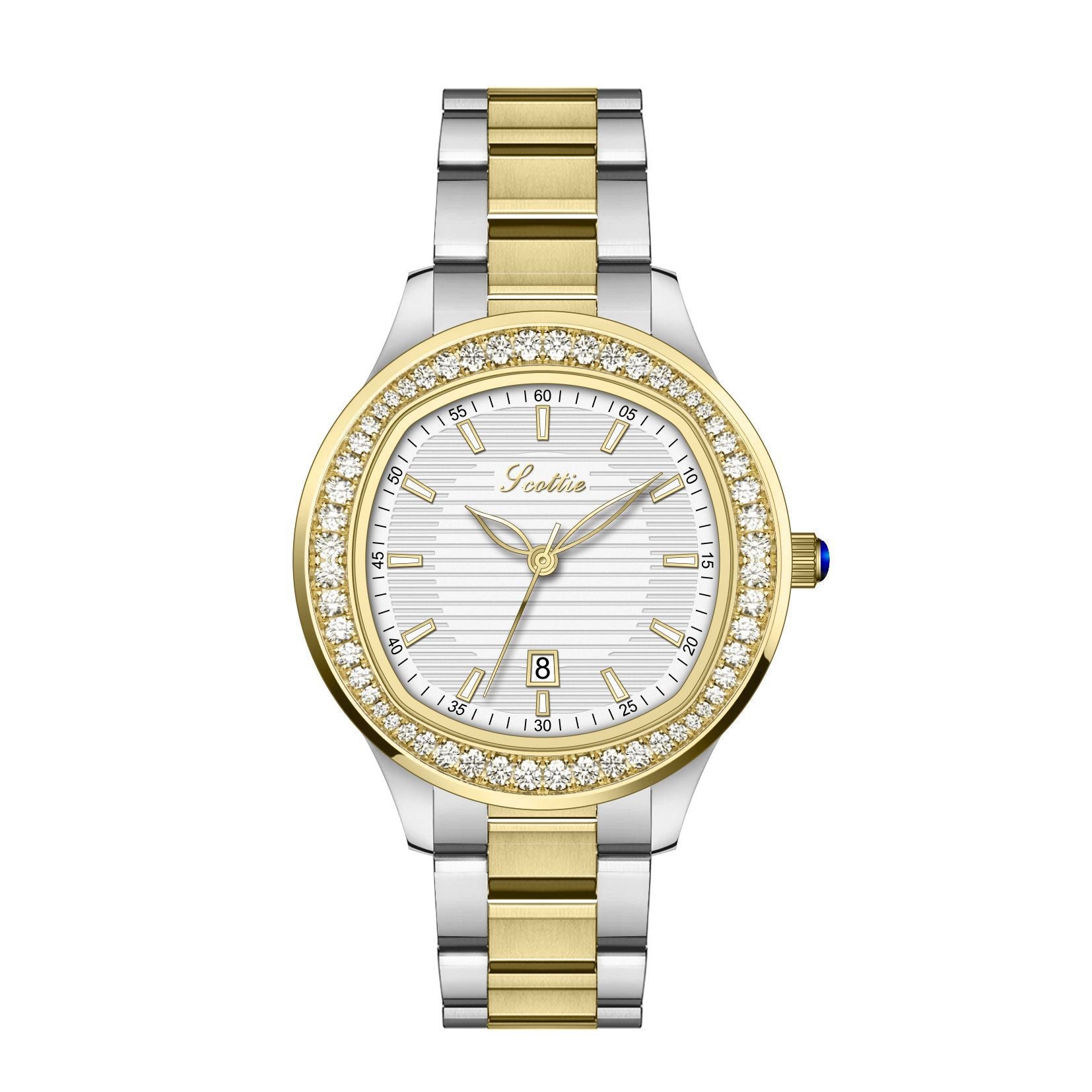 Scottie Crystal Bezel Watch Women | Silver Textured Dial | Black Crocodile Leather Strap | Date Display Elegant Dress Watch