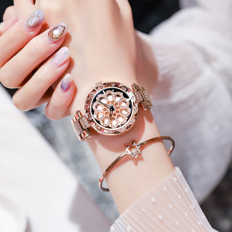 Women's Rose Gold Crystal Flower Watch | Hollow Floral Skeleton Dial | CZ Diamond Bracelet | Ladies Luxury Bling Watch | UAE