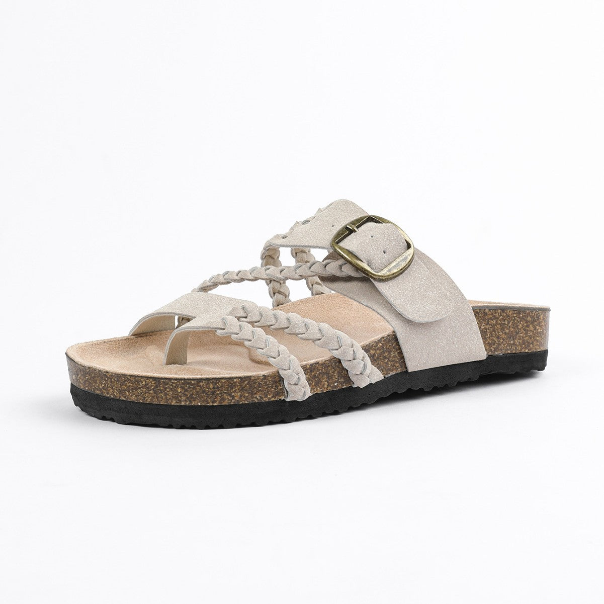 Cream Braided Strap Cork Footbed Sandals Gold Buckle Toe Post Flat Suede Sandal | Women Boho Summer Beach Casual Comfortable Everyday Fashion Sandals
