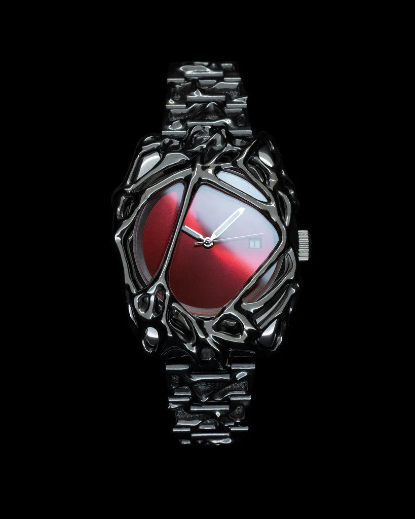 Avant-Garde Black Sculpted Web Watch for Men | Red Gradient Dial Dark Art Luxury Quartz Timepiece