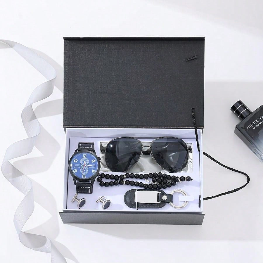 Geman Men's Luxury Gift Set – 6-Piece Black Leather Belt, Wallet, Watch, Bracelet, Keychain & Pen Box Set | Premium Men's Gift