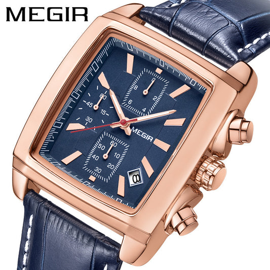 MEGIR Rectangular Chronograph Men's Watch | Black Dial Red Seconds Hand Silver Case Crocodile Leather Strap Date Watch