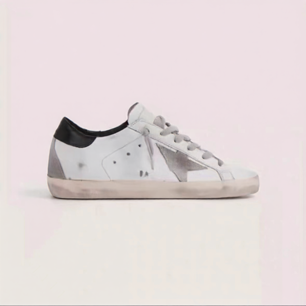 Women's White Distressed Star Patch Low Top Sneakers ? Vintage Worn Look Leather Style Lace-Up Shoes