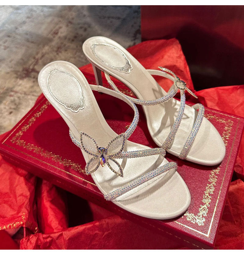 Champagne Nude AB Crystal Rhinestone Flower Strappy Stiletto Mule Sandals | Luxury Bridal Evening Heels for Women