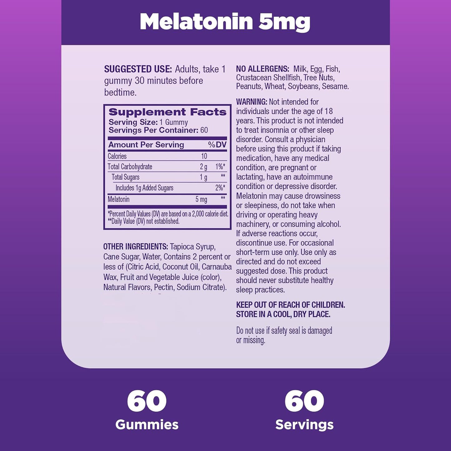 Melatonin 5mg Gummies Strawberry | Natural Sleep Aid 60 Count