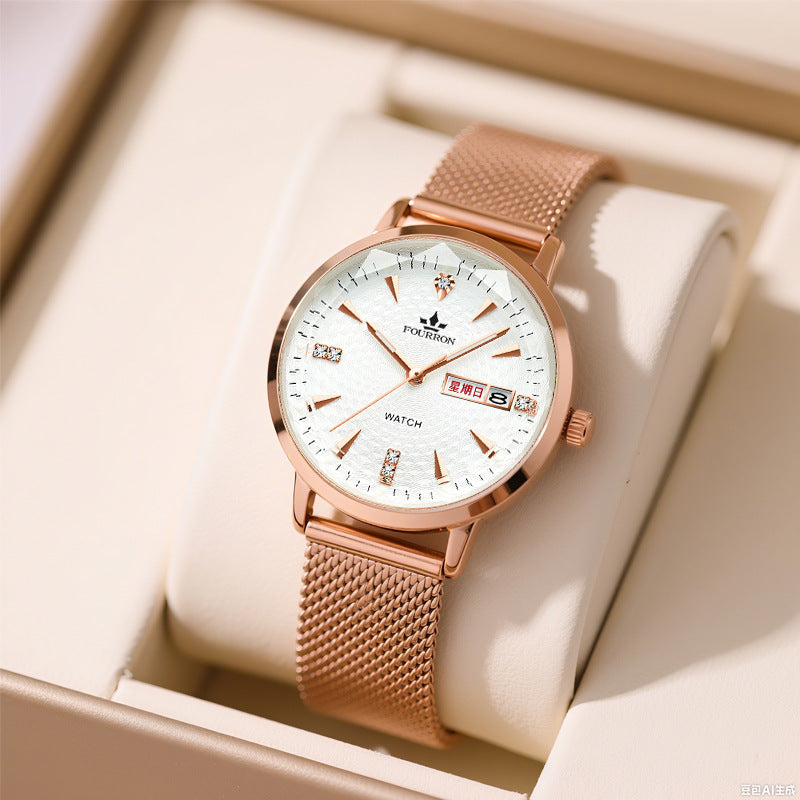 Fourron Rose Gold Mesh Women's Watch | White Dial Crystal Markers Day Date Display Elegant Quartz Timepiece