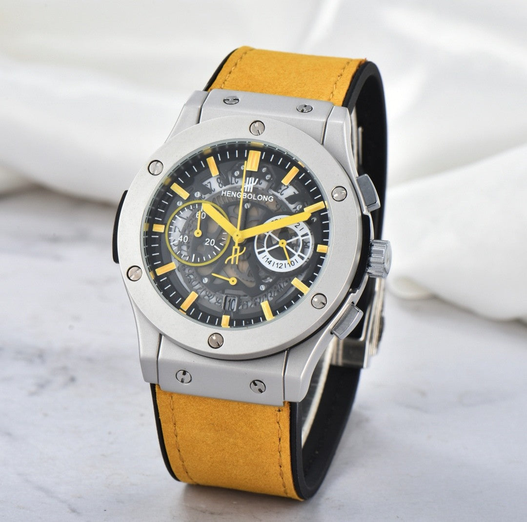 Hengbolong Skeleton Chronograph Men's Watch | Silver Screw Bezel Sky Blue Suede Strap Hollow Dial Date Watch