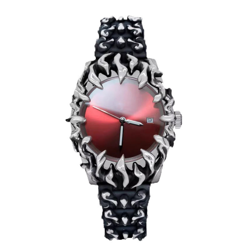 Men's Gothic Flame Watch | Red Dial Silver Flame Bezel Punk Vintage Quartz Date Stainless Steel Statement Watch