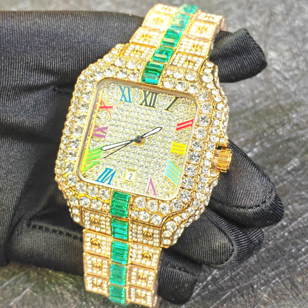 Iced Out Square Watch Men | Black CZ Blue Sapphire Baguette | Roman Numeral Blue Pave Dial | Hip Hop Luxury Date Watch