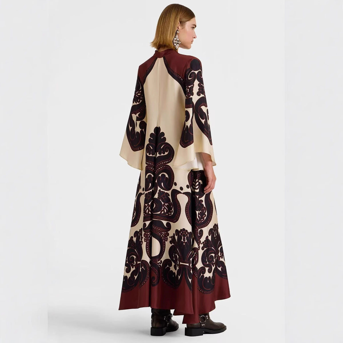 Baroque Damask Print Maxi Dress | Flared Bell Sleeves & Tie Neck | Luxury Cream Burgundy Boho Elegant Long Dress for Women