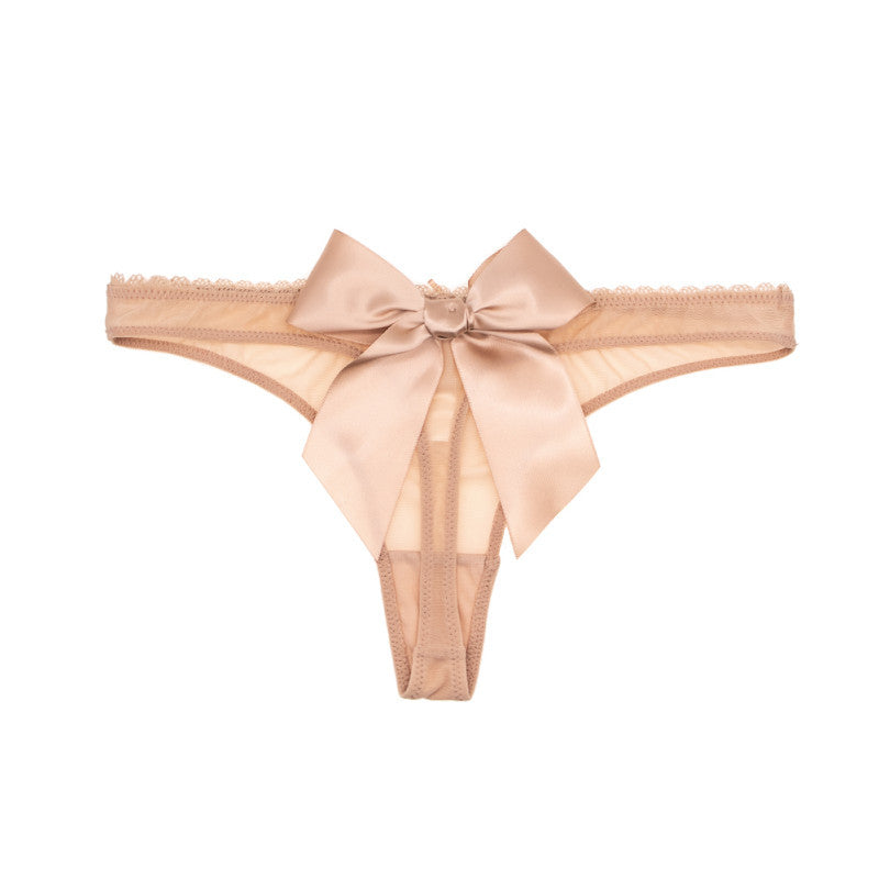 Women's Burgundy Lace Thong with Satin Bow | Sheer Mesh Floral Lace Panty | Sexy Lingerie Underwear
