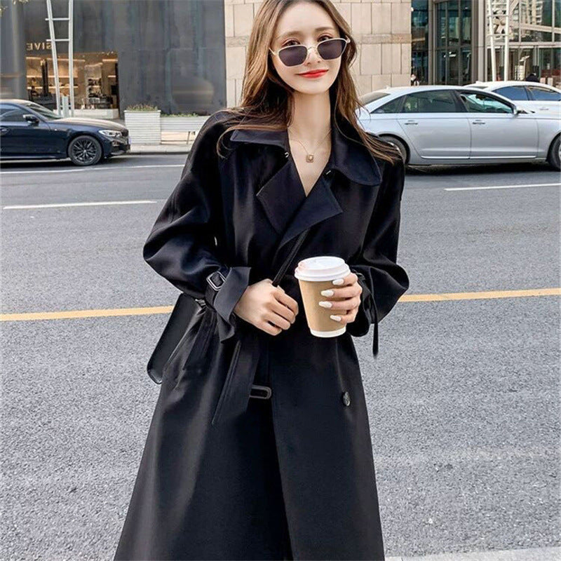 Women's Black Long Trench Coat with Belt, Double Breasted Lapel Collar and Midi Length for Fall and Winter