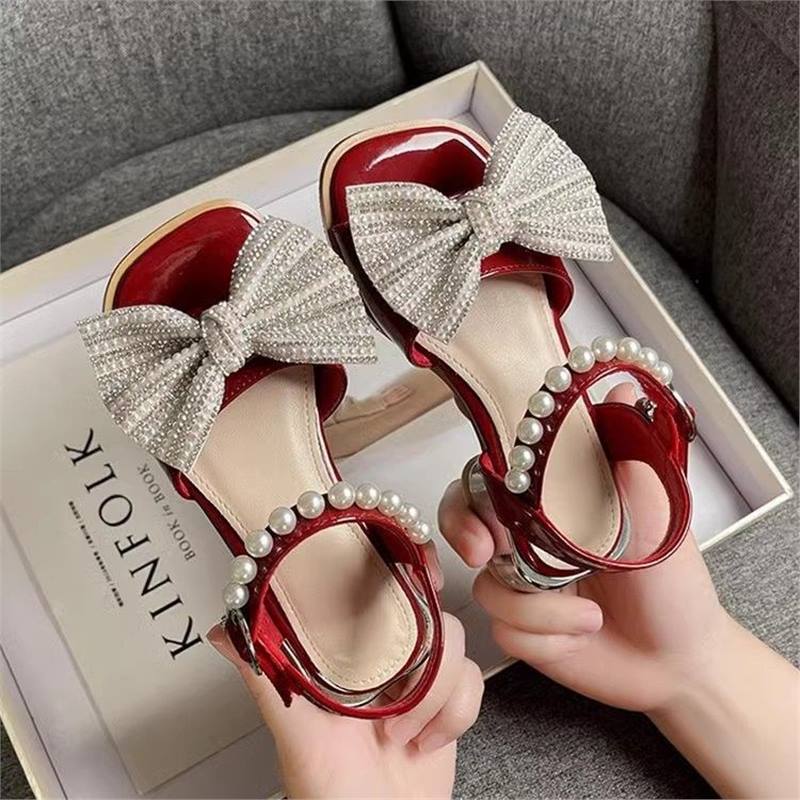 Red Patent Crystal Rhinestone Bow Pearl Strap Sandals for Girls | Diamond Bow Pearl Ankle Strap Kids Dress Sandals | Luxury Princess Party Wedding Sandals | Elegant Little Girl Formal Shoes