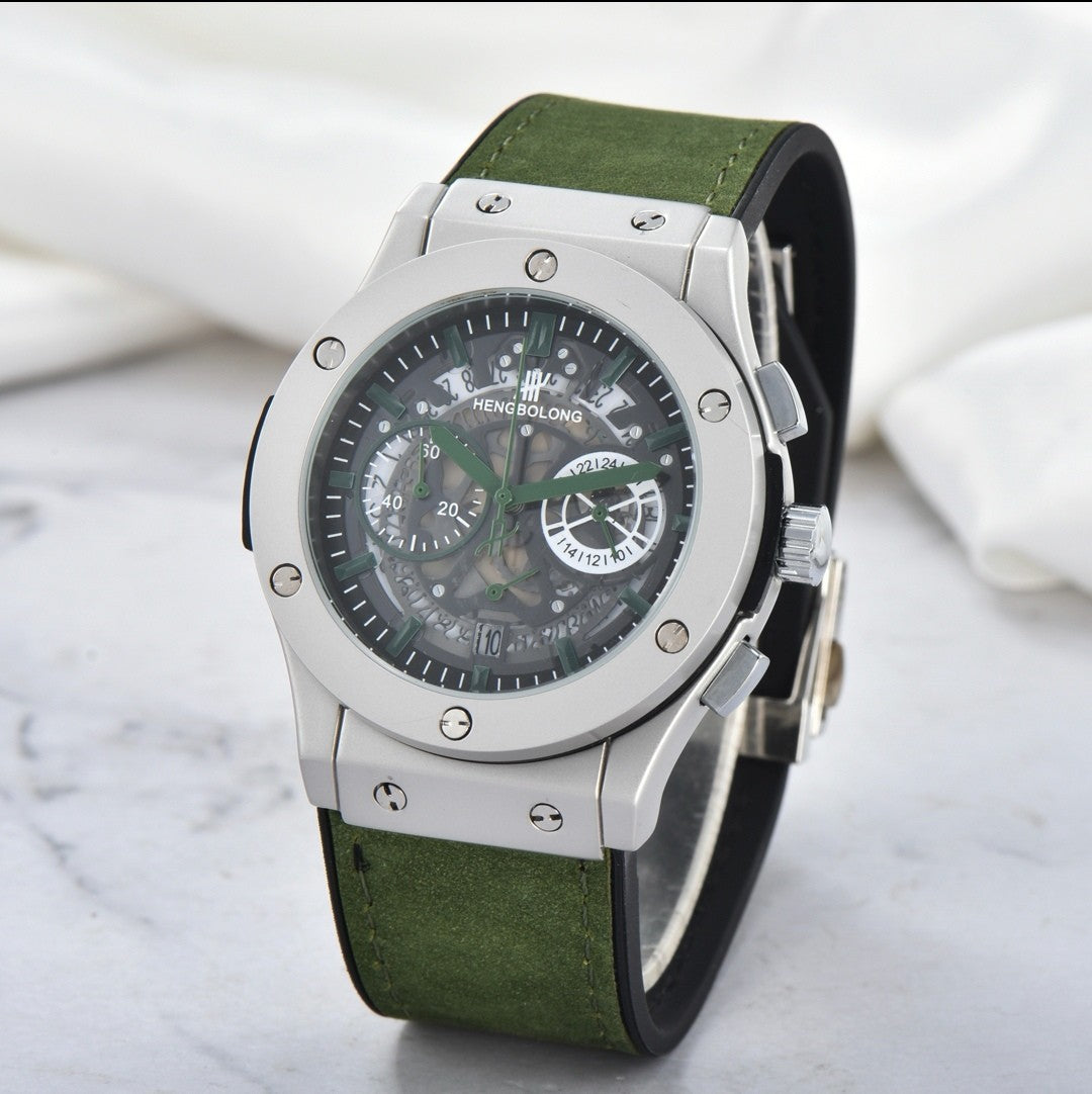 Hengbolong Skeleton Chronograph Men's Watch | Silver Screw Bezel Sky Blue Suede Strap Hollow Dial Date Watch
