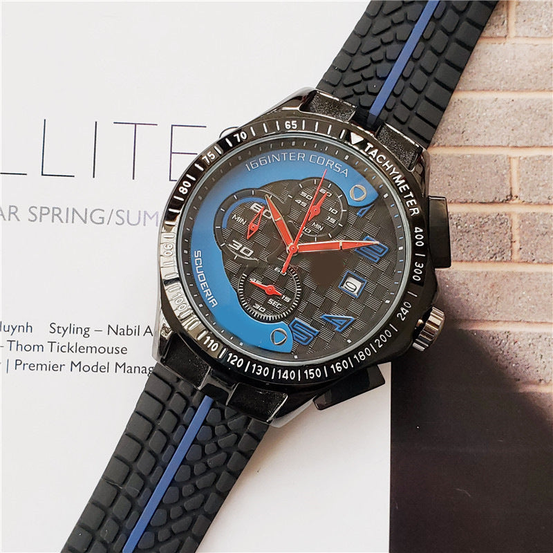 Men's Scuderia Racing Chronograph Watch | 166 Inter Corsa Tachymeter Black Yellow Carbon Dial | Red Hands Date Rubber Strap Sport Timepiece