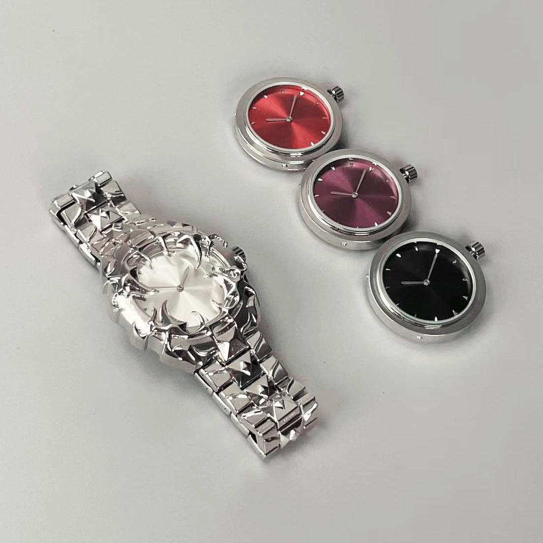 Gothic Black Thorn Spike Watch for Men | Red Dial Dark Luxury Stainless Steel Quartz Timepiece