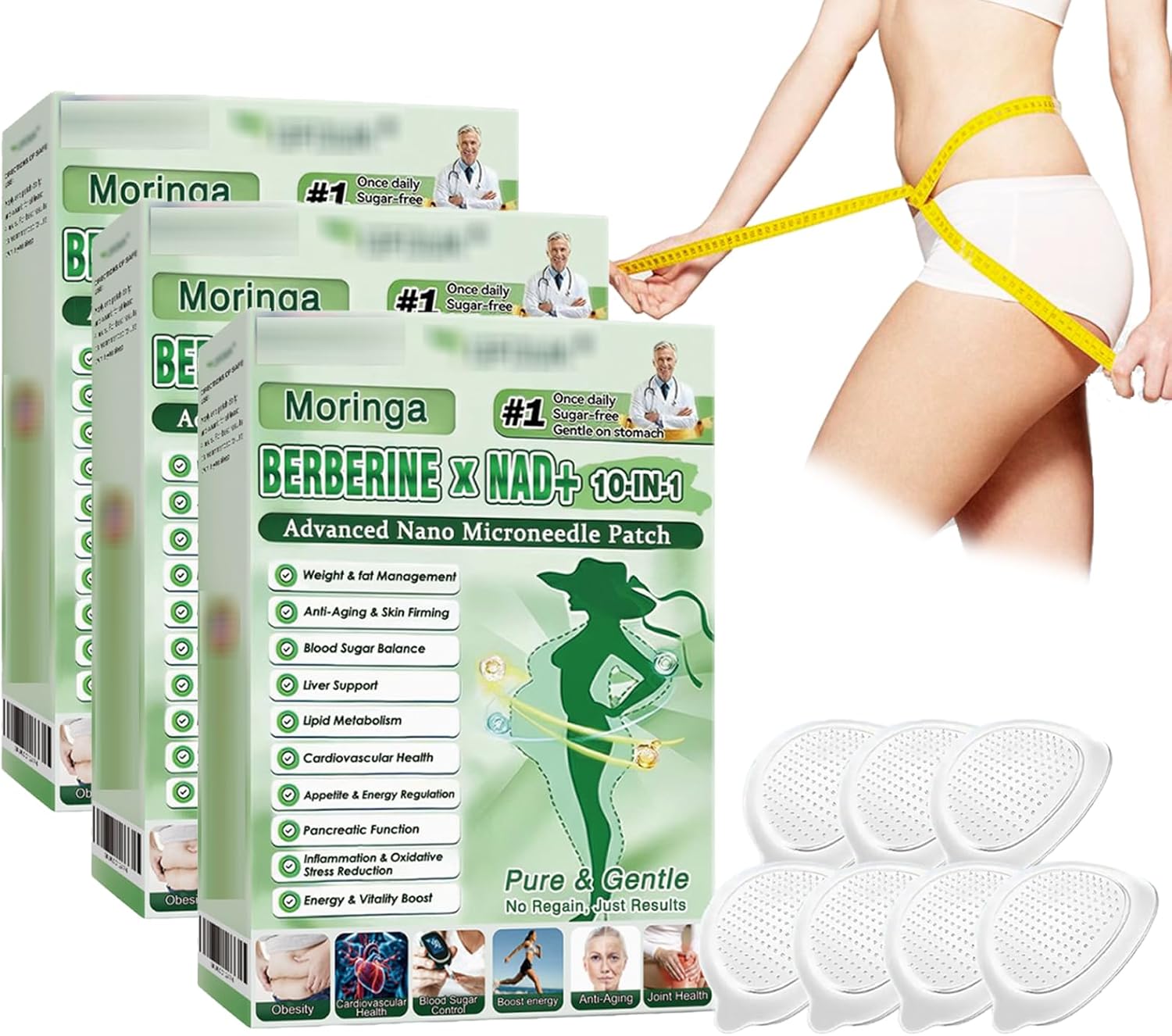 Moringa Berberine x NAD+ 10 in 1 Advanced Nano Microneedle Patch Set of 3 Weight Management Blood Sugar Balance Anti Aging and Energy Boost Sugar Free